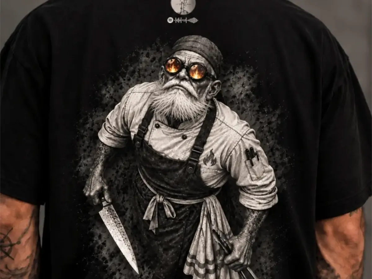 Cocinero de espaldas con la remera del cocinero de las brasas