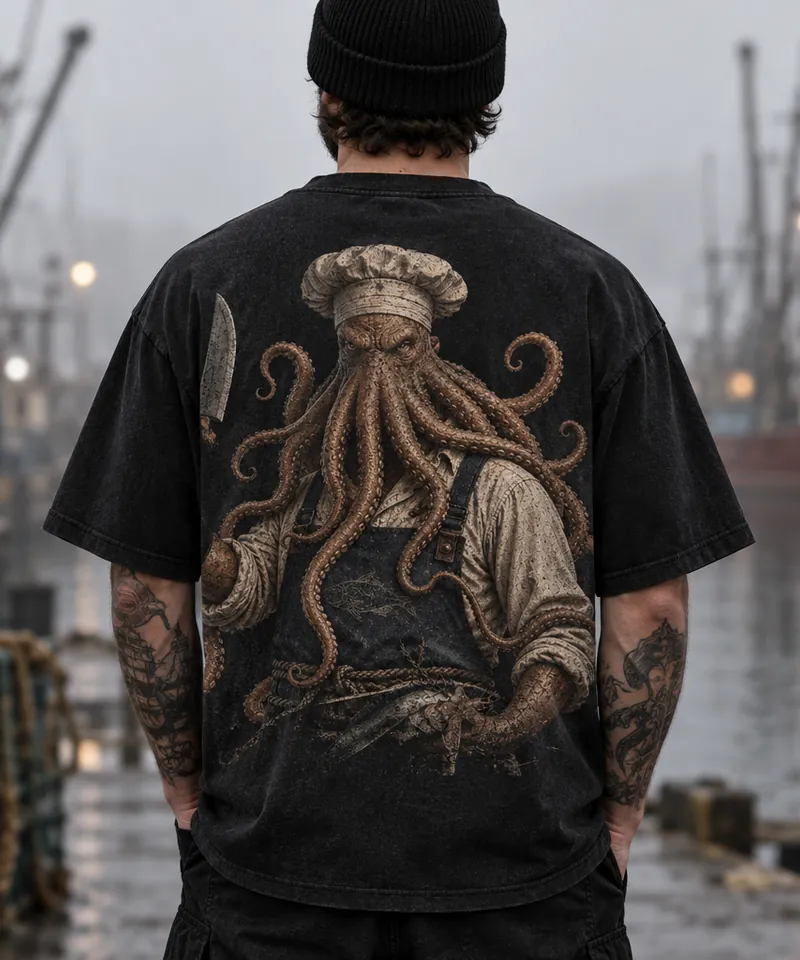 Remera negra oversize Kraken, el cocinero del mar